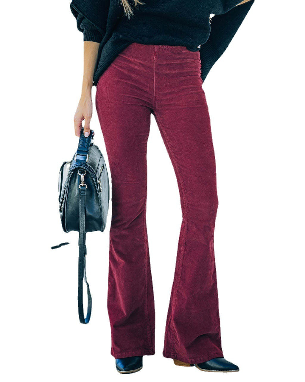 Solid color high waisted slim fit micro trumpet pants corduroy elastic waist casual pants