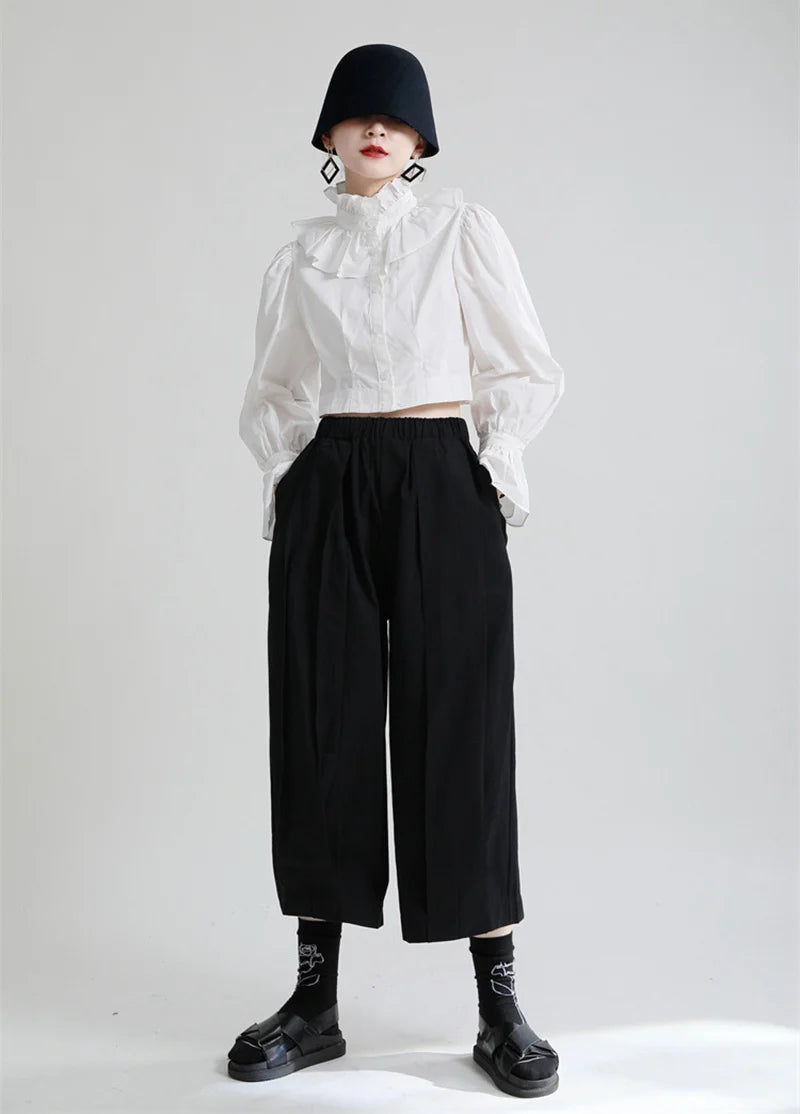 Black Pleated Wide-Leg Trousers