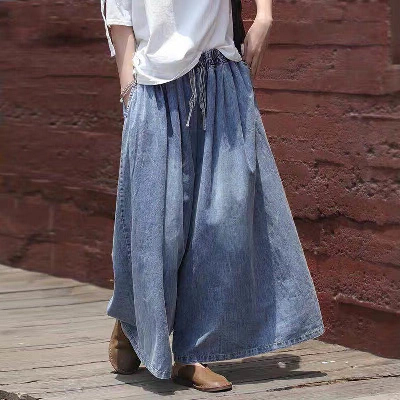 Washed jeans, wide leg pants, retro loose fit, oversized elastic waist tie up pants skirt