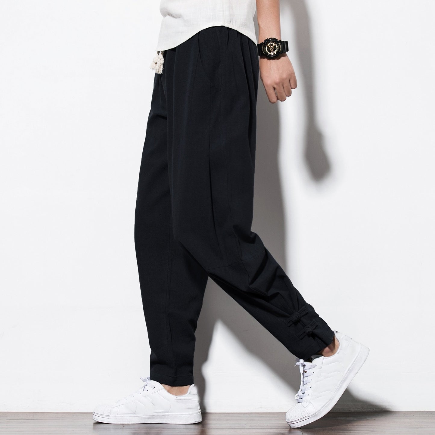 Chinese Style Men's Cotton Linen Buttoned Pants - Loose Fit Harlan Pants for Spring and Summer