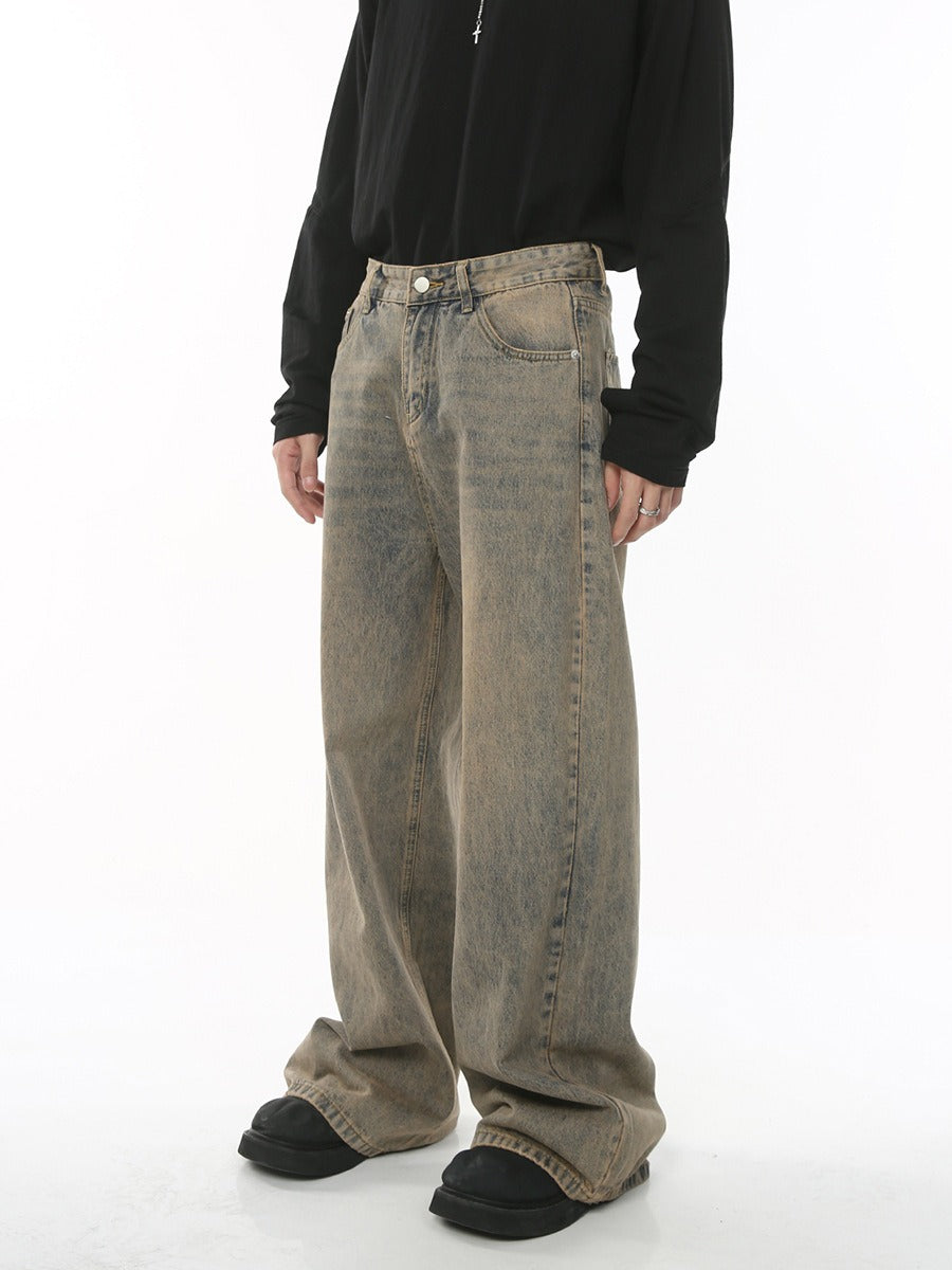 Loose Fit Cotton Pants - Distressed Wash Zipper Fly Trousers for Daily Wear