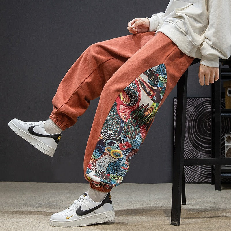 Men's retro casual pants with side printed leggings