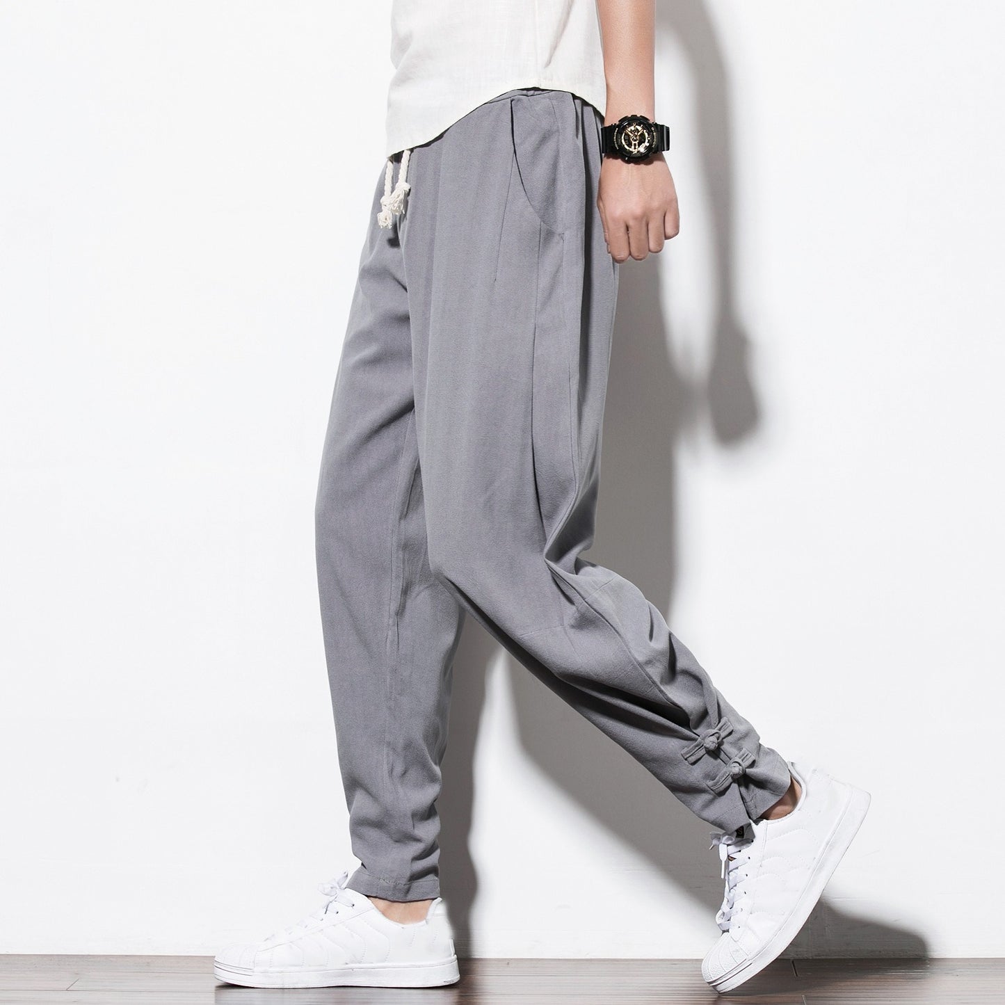 Chinese Style Men's Cotton Linen Buttoned Pants - Loose Fit Harlan Pants for Spring and Summer