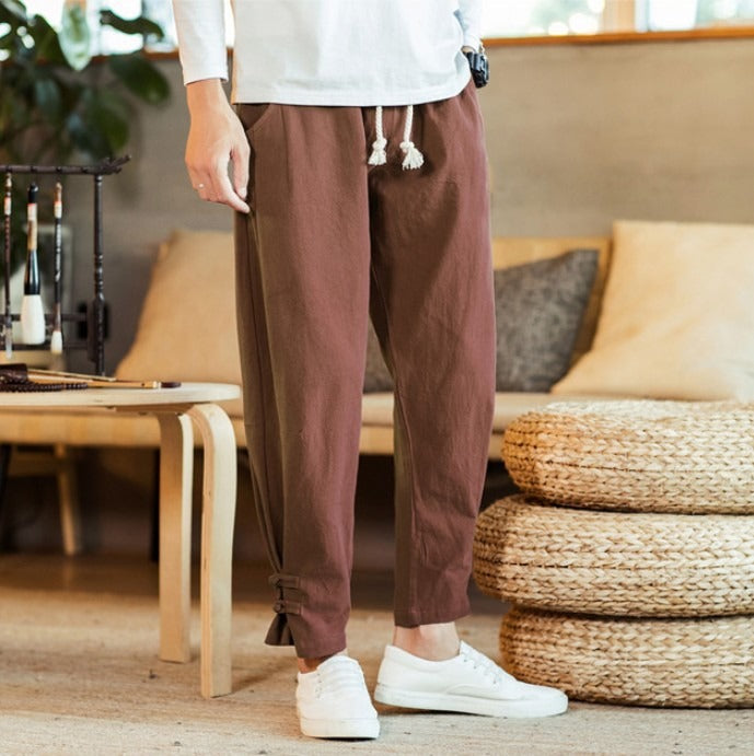 Chinese Style Men's Cotton Linen Buttoned Pants - Loose Fit Harlan Pants for Spring and Summer