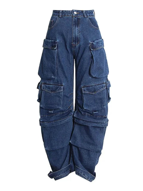 Solid Color Multi-pocket Loose Jeans Women's High Street Retro Hip-hop Wide-leg Pants Casual Straight High-waisted Jeans Women