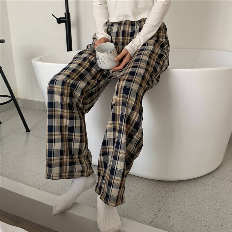 Women's Plaid Wide Leg Pants - High Waist Checkered Trousers in Korean Harajuku Style for Autumn