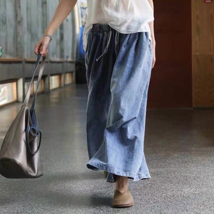 Washed jeans, wide leg pants, retro loose fit, oversized elastic waist tie up pants skirt