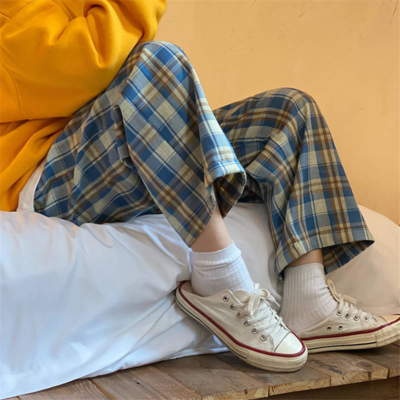 Women's Plaid Wide Leg Pants - High Waist Checkered Trousers in Korean Harajuku Style for Autumn