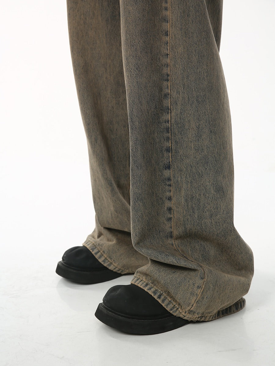 Loose Fit Cotton Pants - Distressed Wash Zipper Fly Trousers for Daily Wear