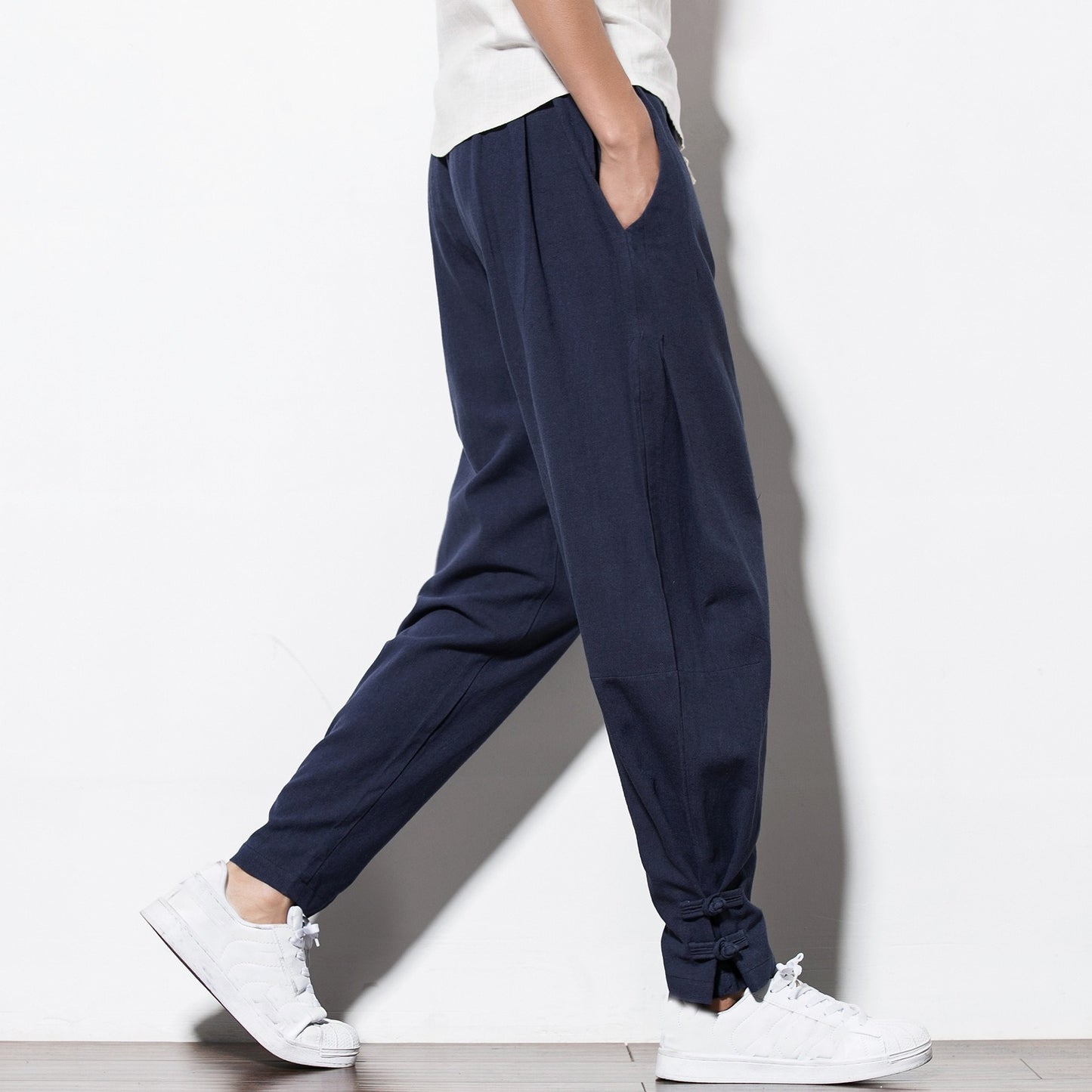 Chinese Style Men's Cotton Linen Buttoned Pants - Loose Fit Harlan Pants for Spring and Summer