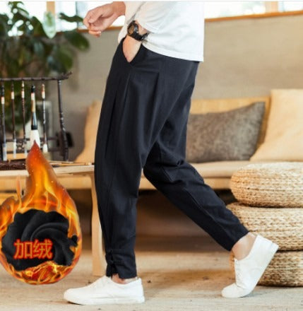 Chinese Style Men's Cotton Linen Buttoned Pants - Loose Fit Harlan Pants for Spring and Summer