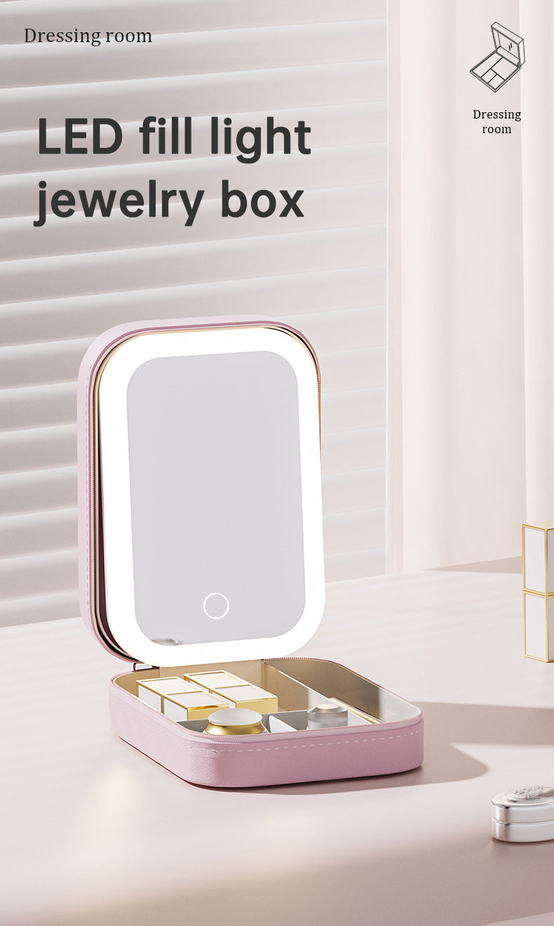 Personalized Birth Flower PU Leather Jewelry Box with LED Makeup Mirror Birthday Gift for Her