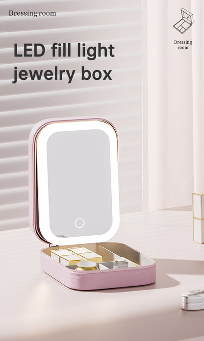 Personalized Birth Flower PU Leather Jewelry Box with LED Makeup Mirror Birthday Gift for Her