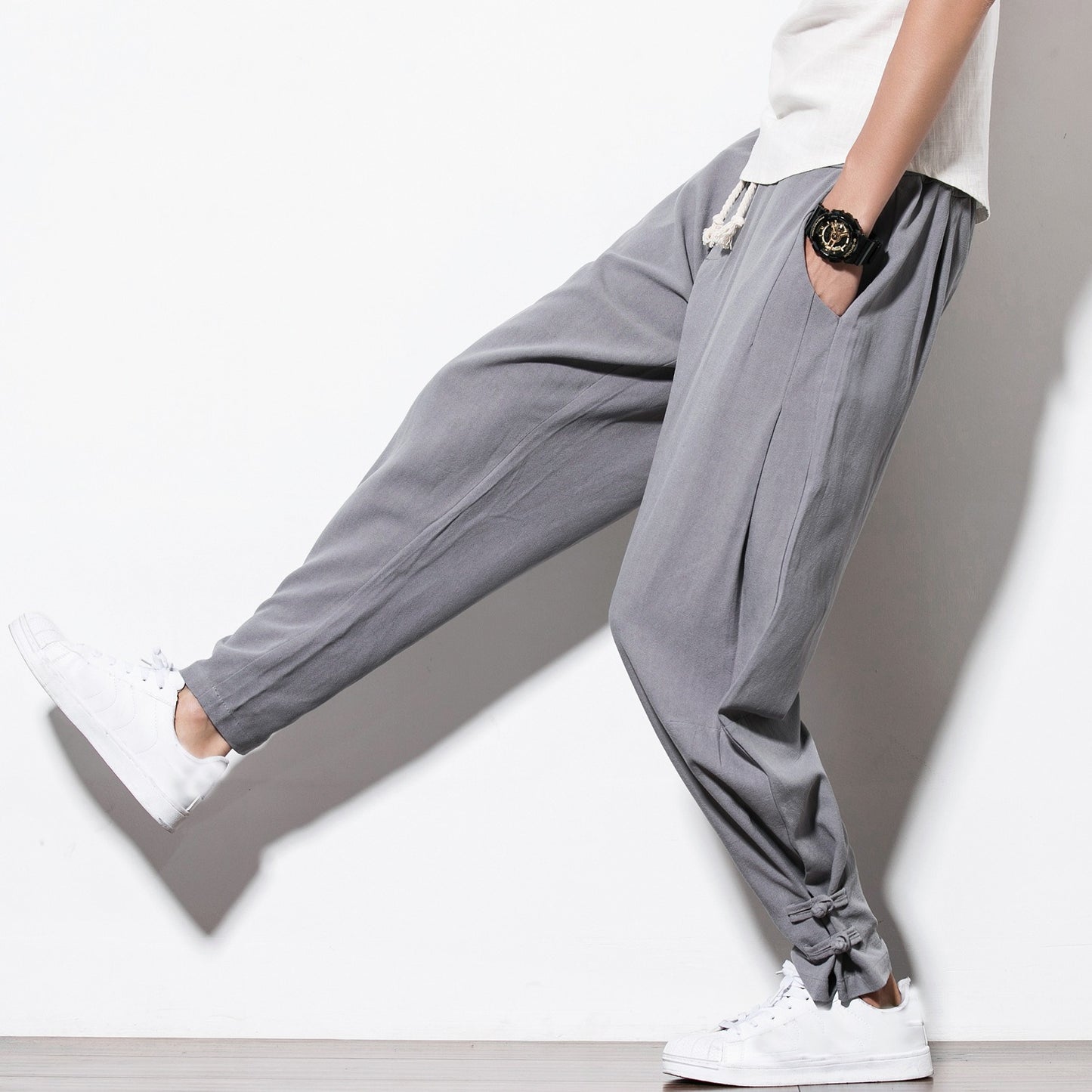 Chinese Style Men's Cotton Linen Buttoned Pants - Loose Fit Harlan Pants for Spring and Summer