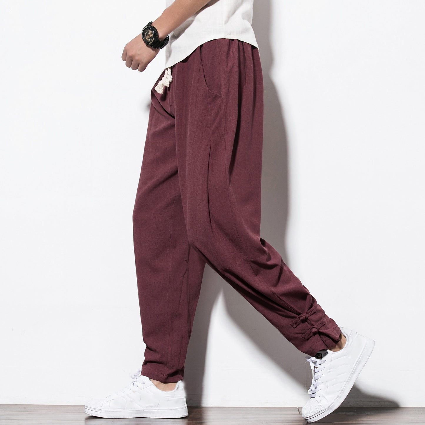 Chinese Style Men's Cotton Linen Buttoned Pants - Loose Fit Harlan Pants for Spring and Summer