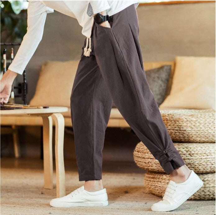 Chinese Style Men's Cotton Linen Buttoned Pants - Loose Fit Harlan Pants for Spring and Summer