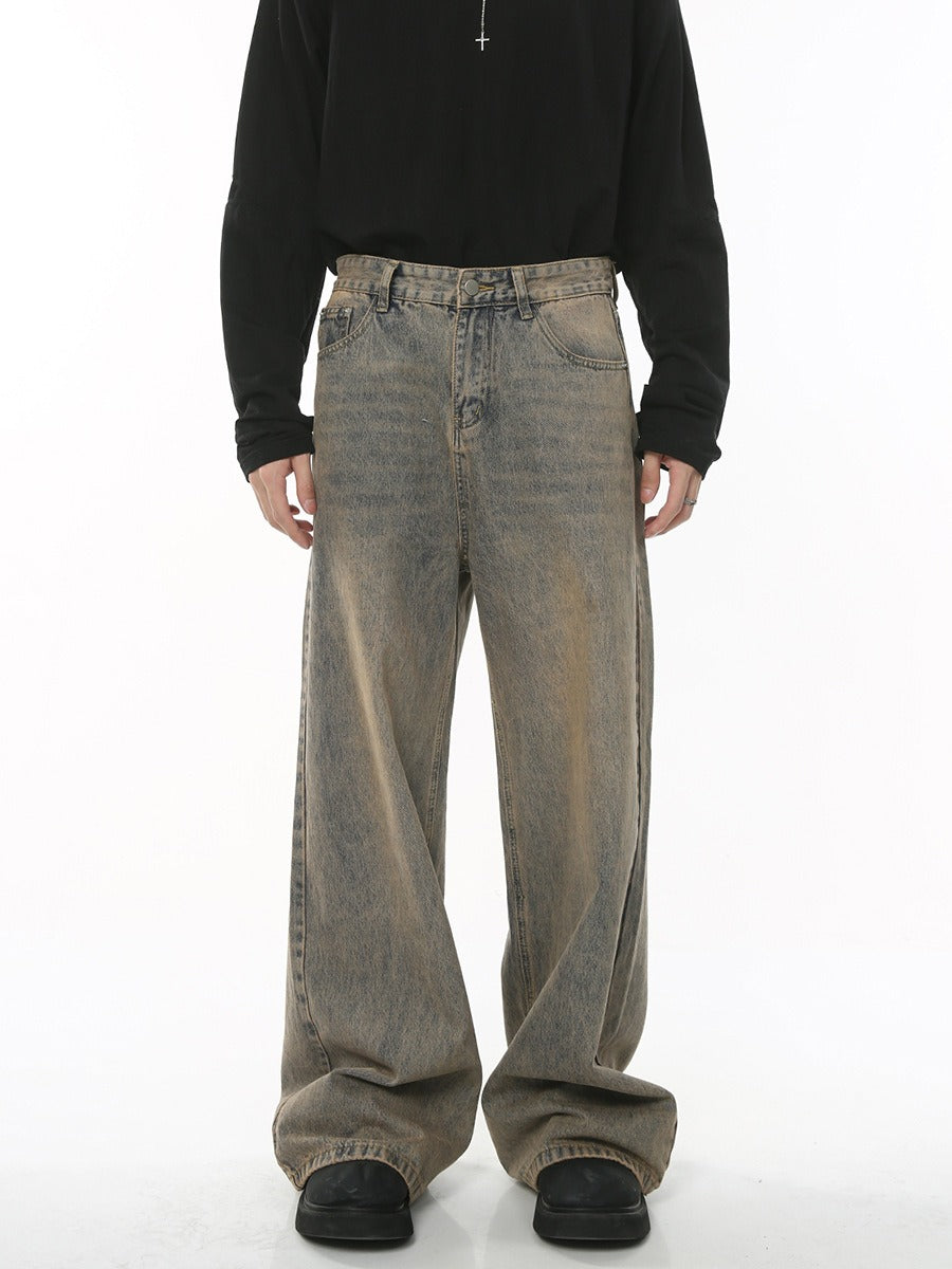 Loose Fit Cotton Pants - Distressed Wash Zipper Fly Trousers for Daily Wear